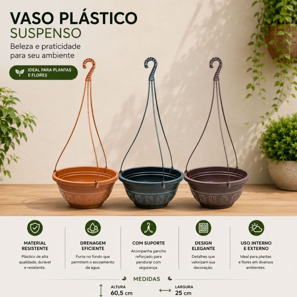 Kit 3 Vasos Redondo 3 Litros Com Haste Alça Resistente Jardim Pendurar