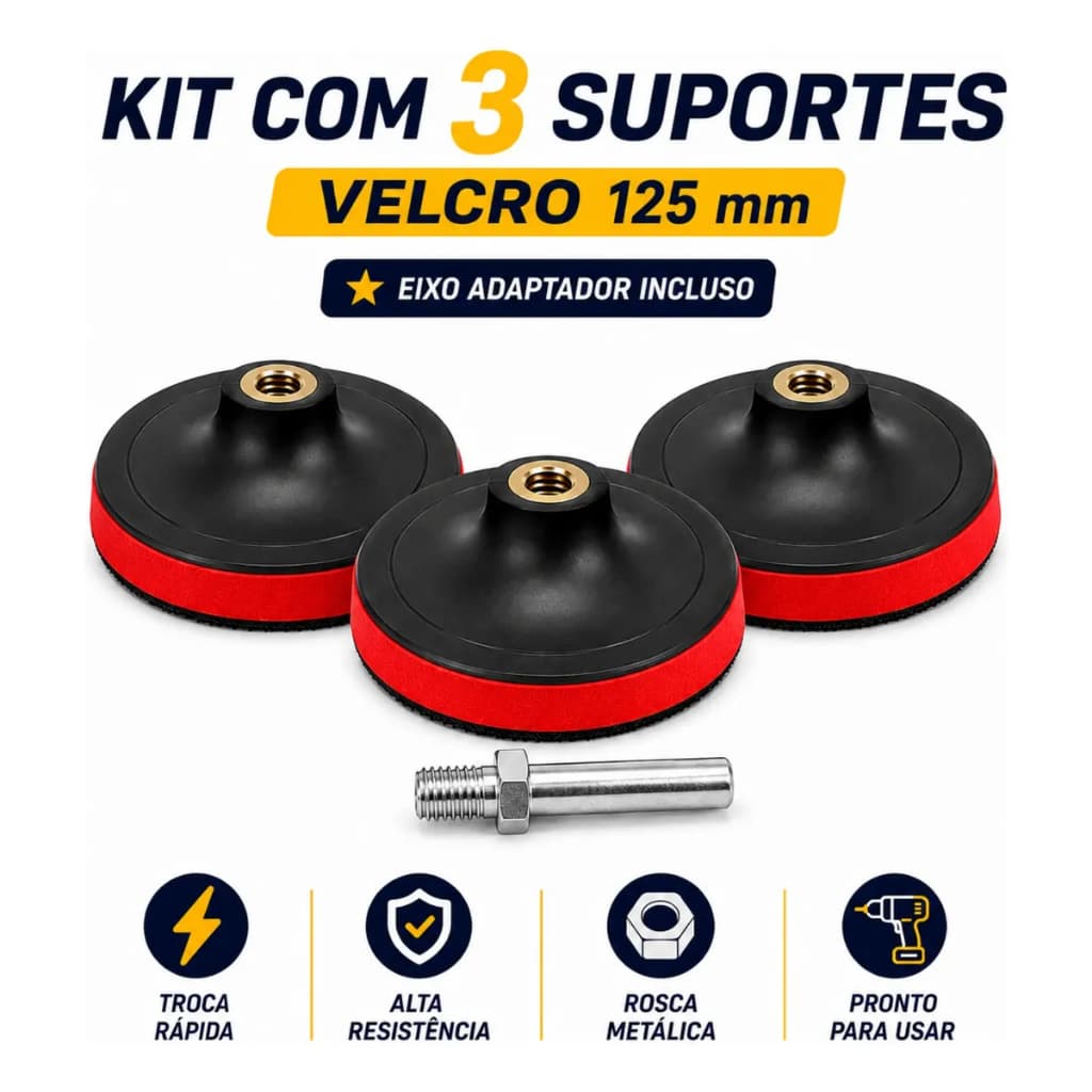 Kit 3 Suportes Disco Lixa Velcro 125mm + Eixo Para Furadeira