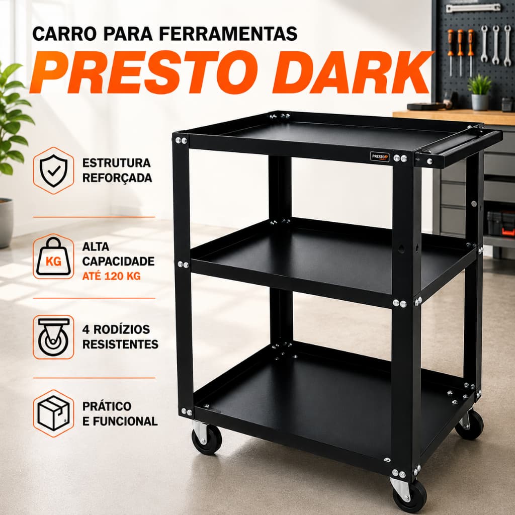 Carrinho de Ferramentas Reforçado Carrinho 3 Prateleiras  Carrinho Auxiliar Ferragens Presto Dark