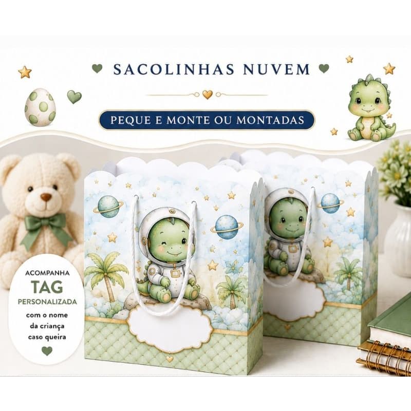 ## 💕 Sacolinhas Personalizadas Dino Baby No Espaço No Espaço, Decoração Dino Baby No Espaço,  Lembrancinhas  Dino Baby