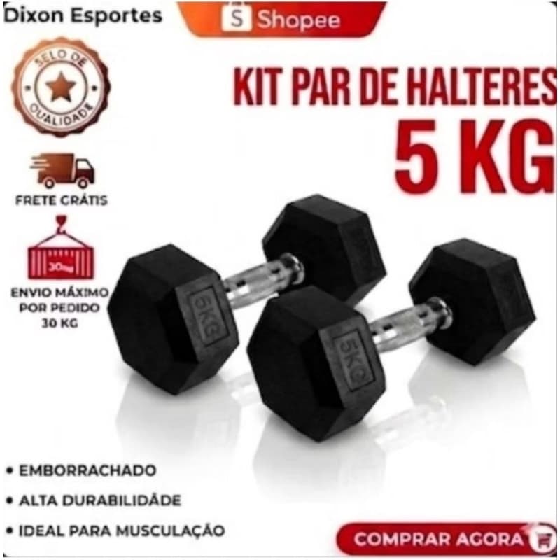Par Halter 5kg Sextavado (2×5kg) Emborrachado pegada cromada envio imediato.