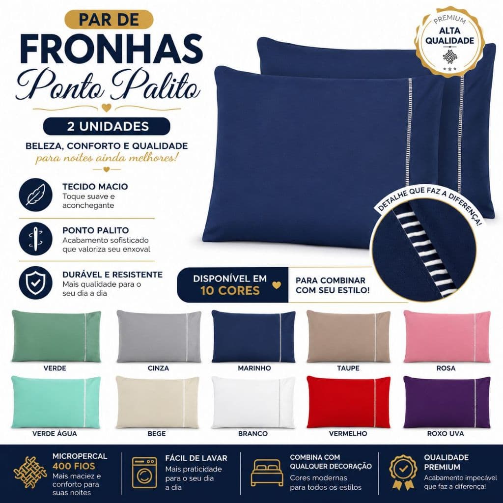 Kit Par de Fronhas Percal 400 Fios 50x70 Ponto Palito