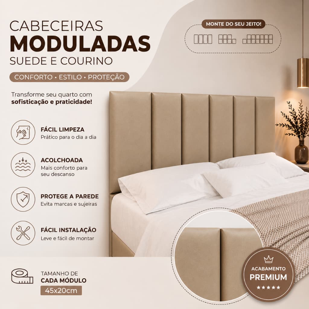 Kit de 4 a 10 Placas Estofadas 45x20cm para Cabeceira de Cama Infantil, Solteiro, Casal, Queen e King - Envio Imediato