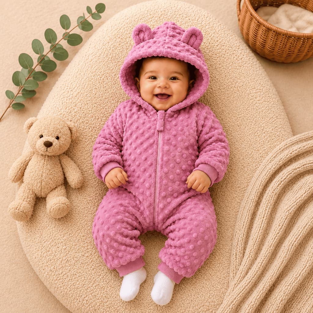 Macacão Bebê Fleece Bolha com Capuz e Orelhinhas 100% Poliéster