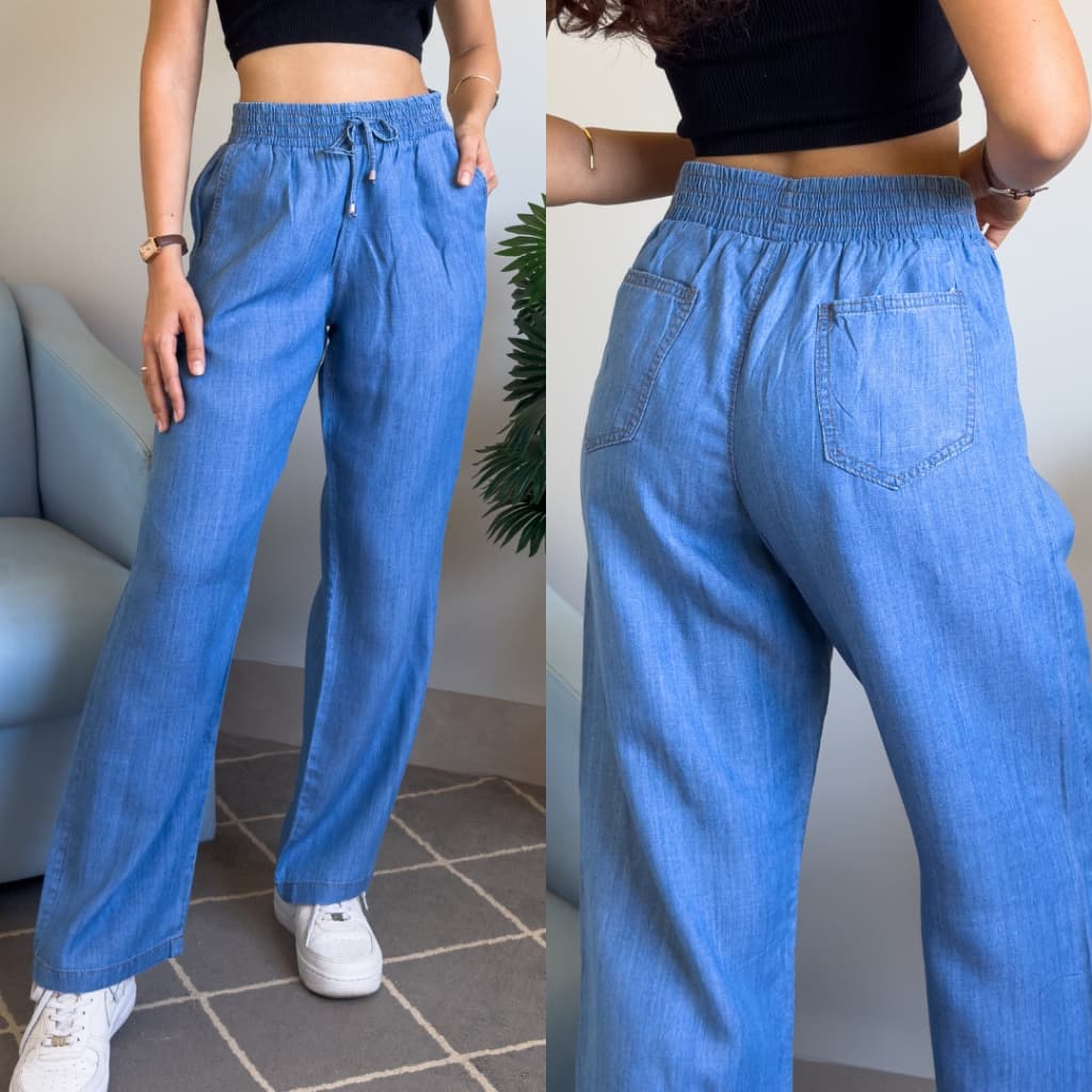 Calça jeans feminina pantalona com elástico na cintura e bolsos
