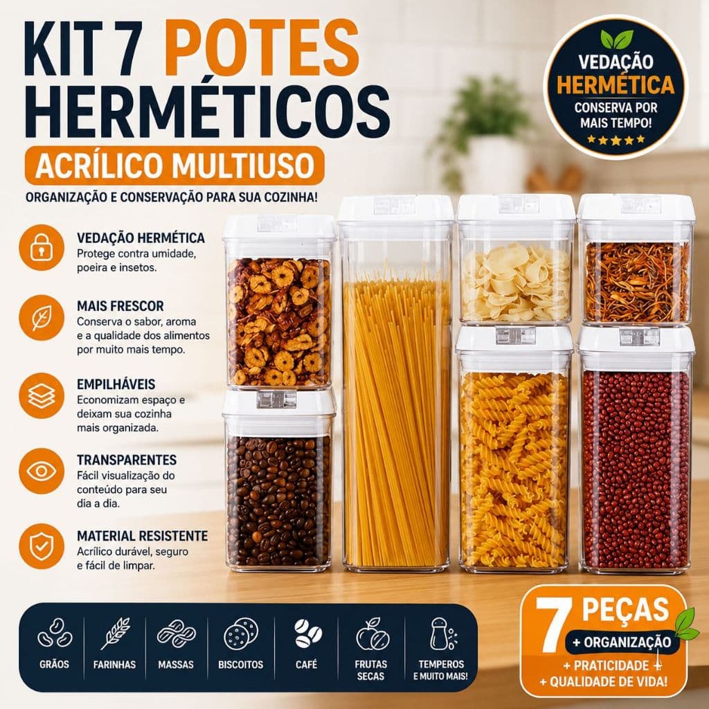 Kit Potes Hermeticos Acrilico Multiuso Vedacao Segura Organizador Cozinha Armazenamento 7 Pecas