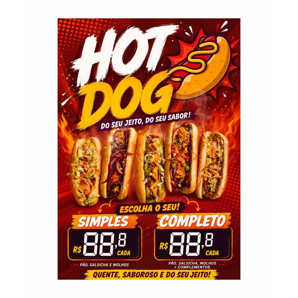 Banner Vende-se Hot Dog, Cachorro Quente Diversos Tamanhos para lanchonete, restaurante e fast food