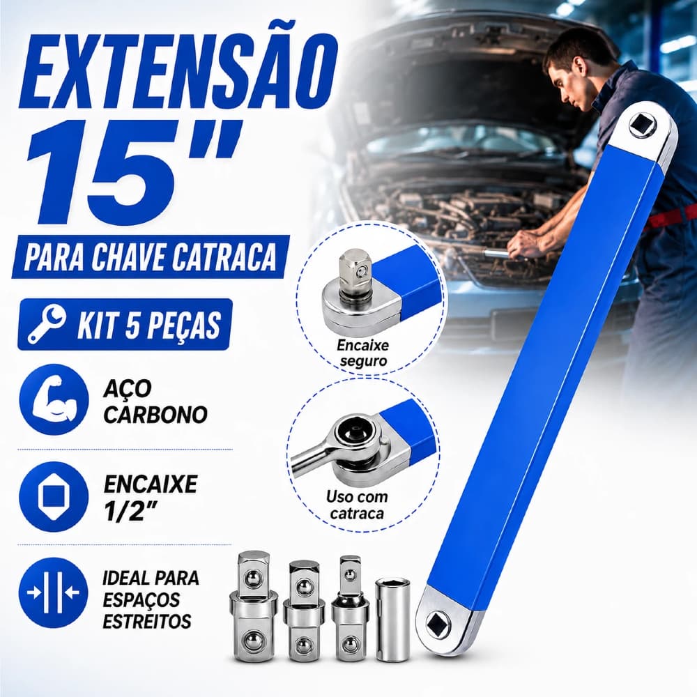 Extensão 15" para Chave Catraca em Aço Carbono Kit para Espaços Estreitos - Reparo Automotivo