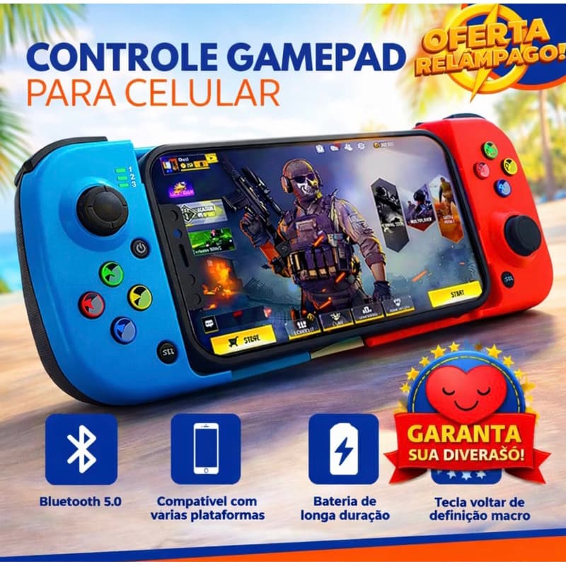 Controle Gamepad Bluetooth 5.0 para Celular Android iOS PC Switch Recarregável Joystick Ergonômico com Bateria de Longa