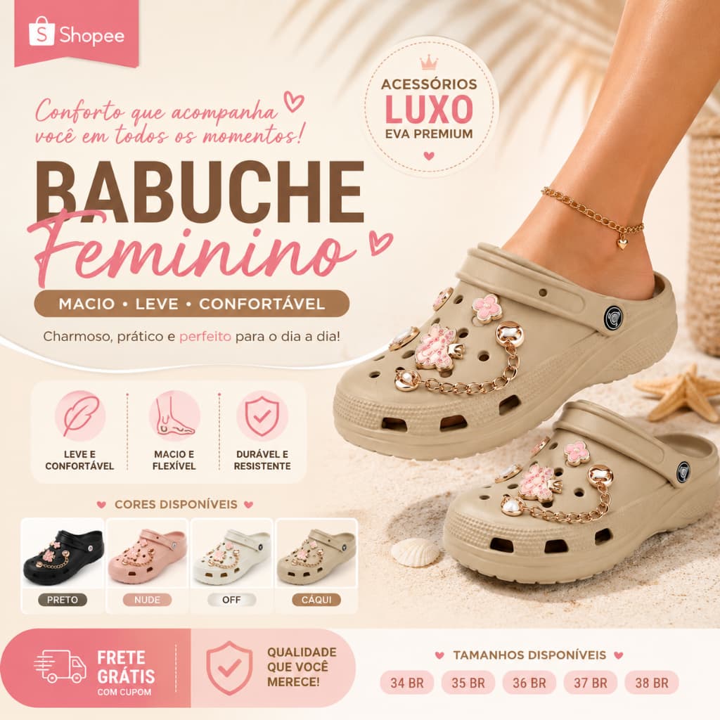 Babuche Feminino Charmoso com Acessórios Luxo EVA Confortável Macio Fashion Beach Slide Papete
