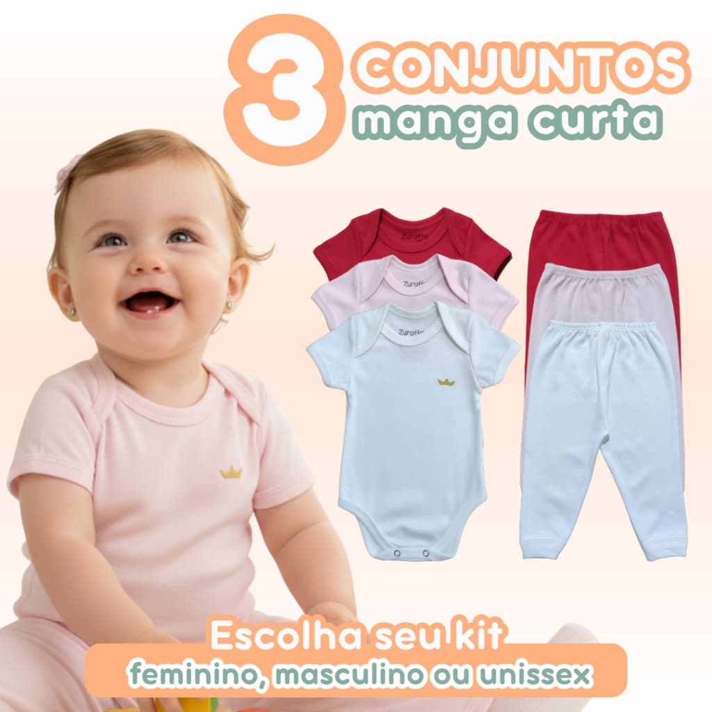 Kit 6 Peças Bebê Conjunto 3 Body Manga Curta 3 Calças 100% Algodão Meia Estação Feminino Masculino Unissex Zuraffa Baby
