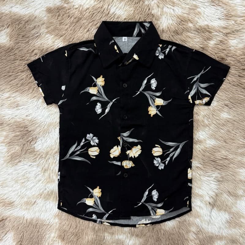 Camisa Social Menino Infantil Estampada Florido Amarela Fundo Preto Juvenil Malha Viscose Promoção #A