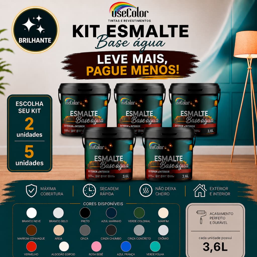 Tinta Esmalte Base Água 3,6L Brilhante - Kit com 2 ou 5 Unidades