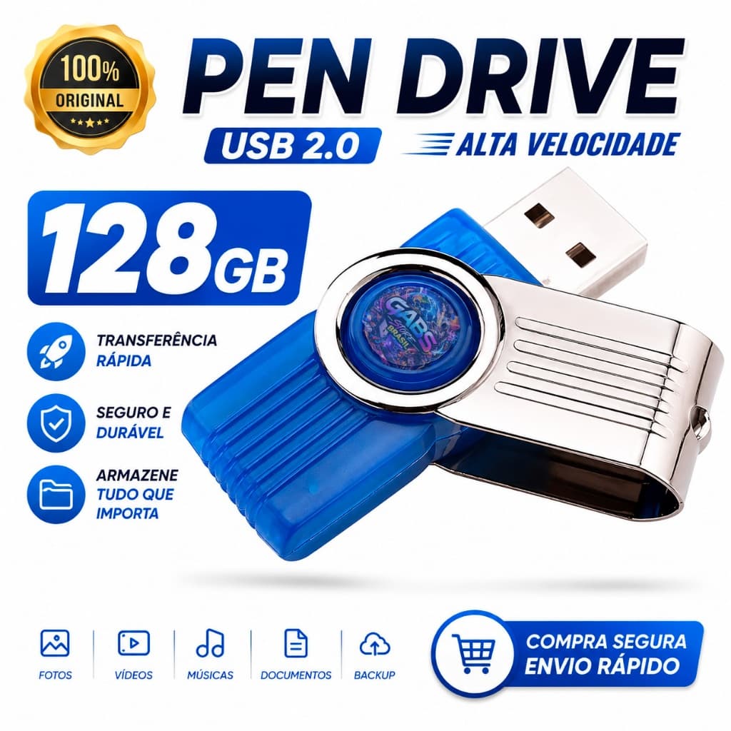 Pendrive 128GB USB 2.0 Portátil Armazenamento de Dados Fotos Vídeos Documentos Backup