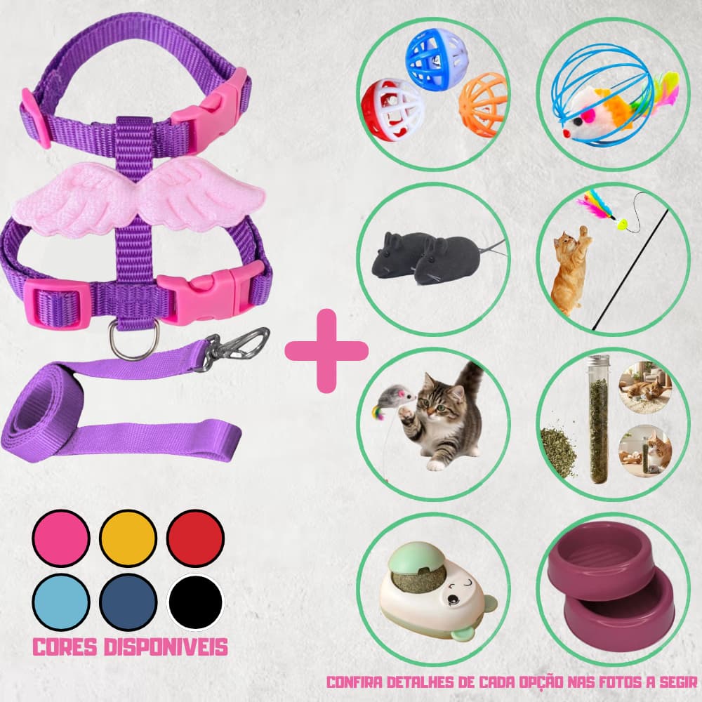 Kit Coleira Peitoral Anjo Ajustável e Pratico Para Gatos e Cães de Pequeno + Comedouro ou Catnip ou Ratinho ou Bolinha