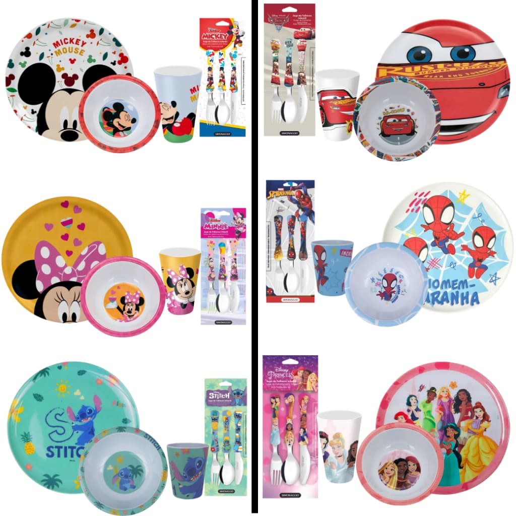 Kit Prato Raso + Talher +  Bowl + Copo Infantil Personagens  Disney BPA Free Disney Homem Aranha Princesas Carros