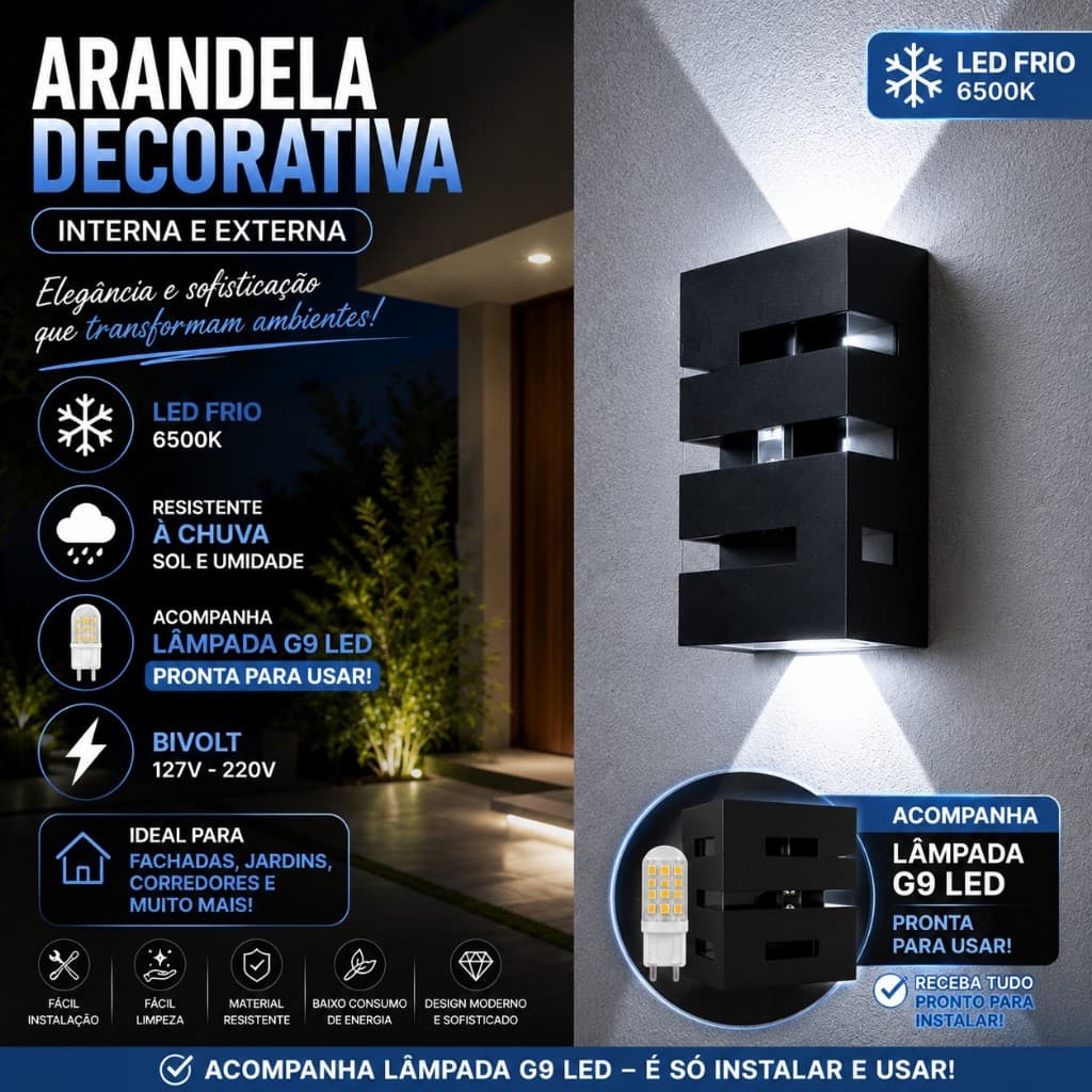 KIT ATÉ 6 ARANDELAS DECORATIVAS DE PAREDE – LED G9 INCLUSO | BIVOLT | USO INTERNO E EXTERNO