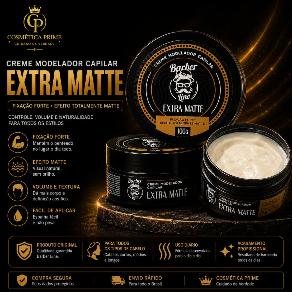 Pomada Modeladora Extra Matte Barber Line 100g Fixação Forte Sem Brilho | Cosmética Prime