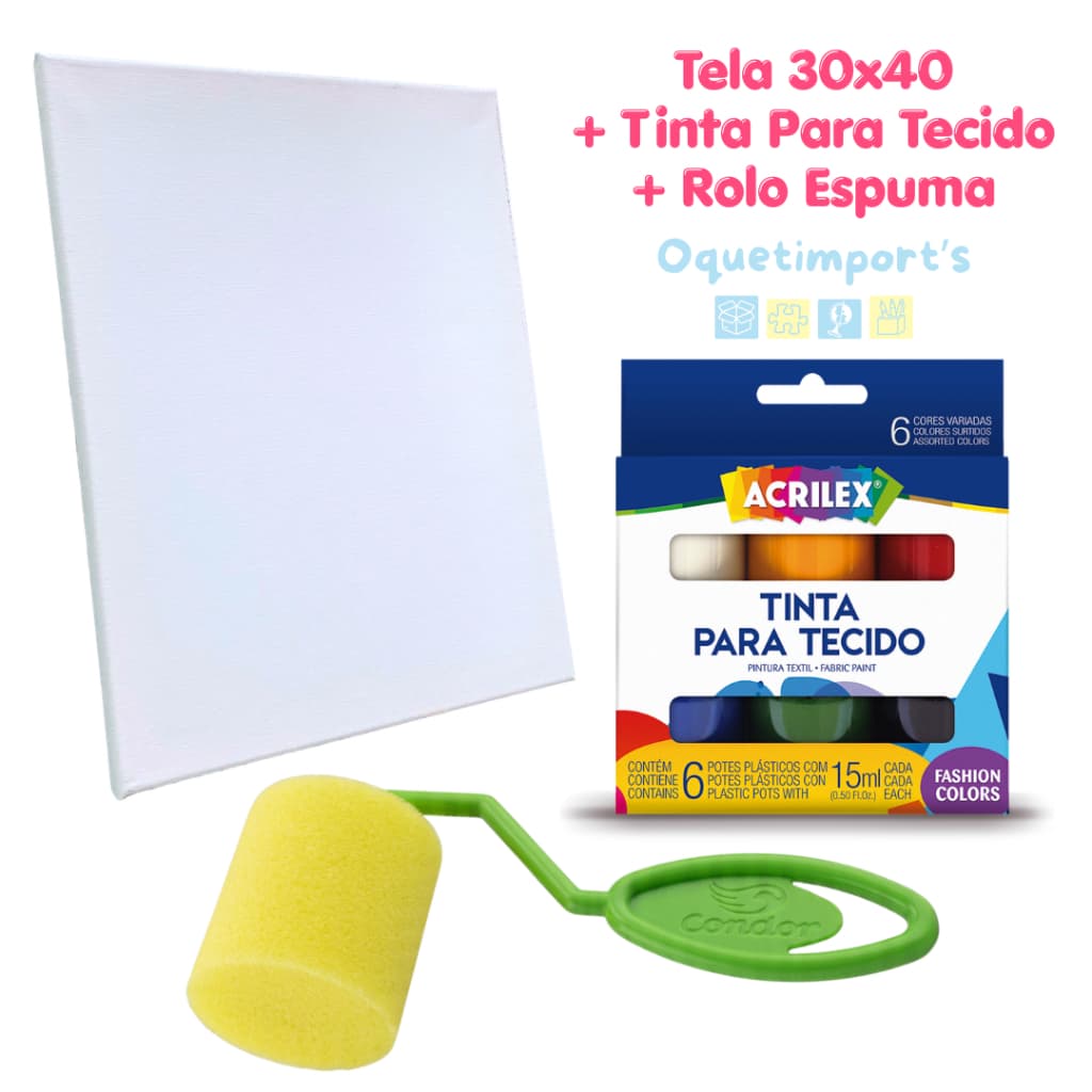 Tela Pintura Algodão 30x40 + Tinta Tecido Fashion Colors Acrilex 6 Cores Com Rolo Espuma Condor