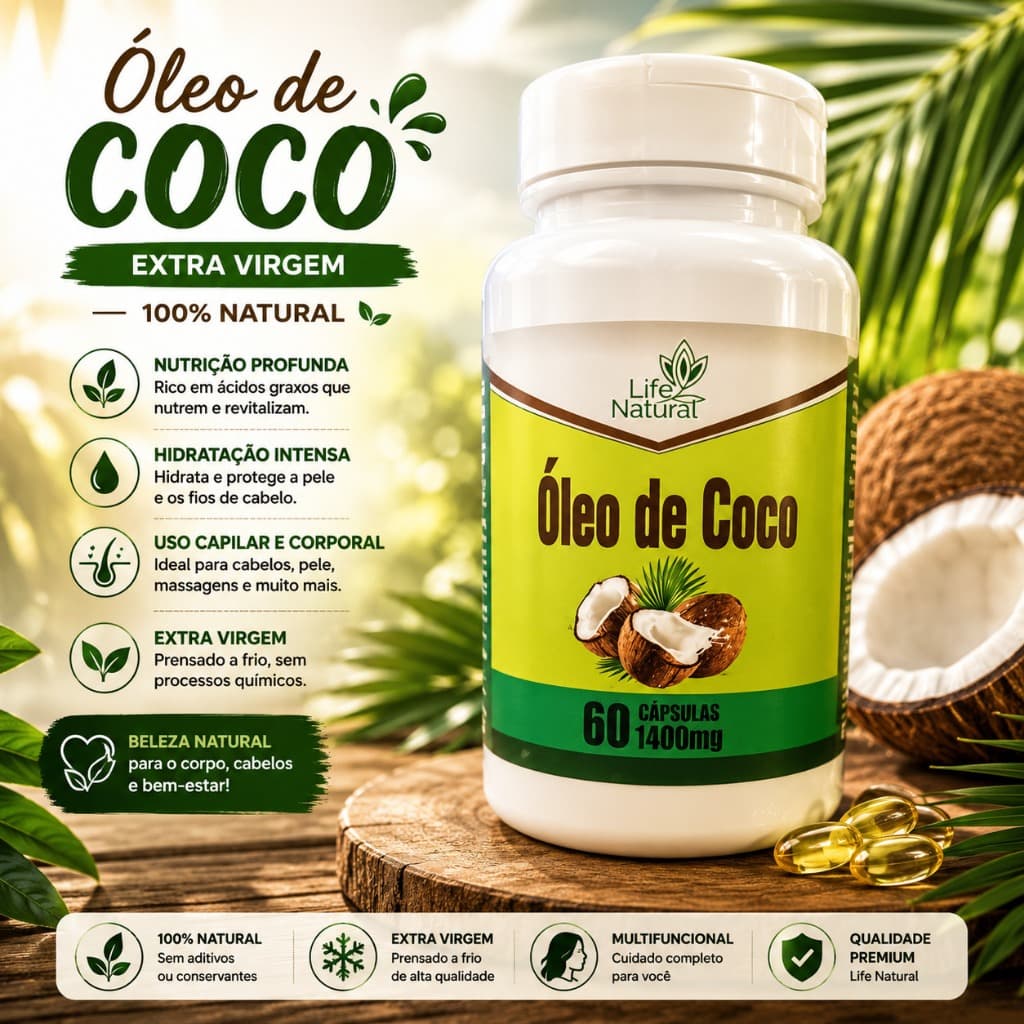 Óleo de Coco Extra Virgem 1400mg 60 Cápsulas Life Natural 100% Natural