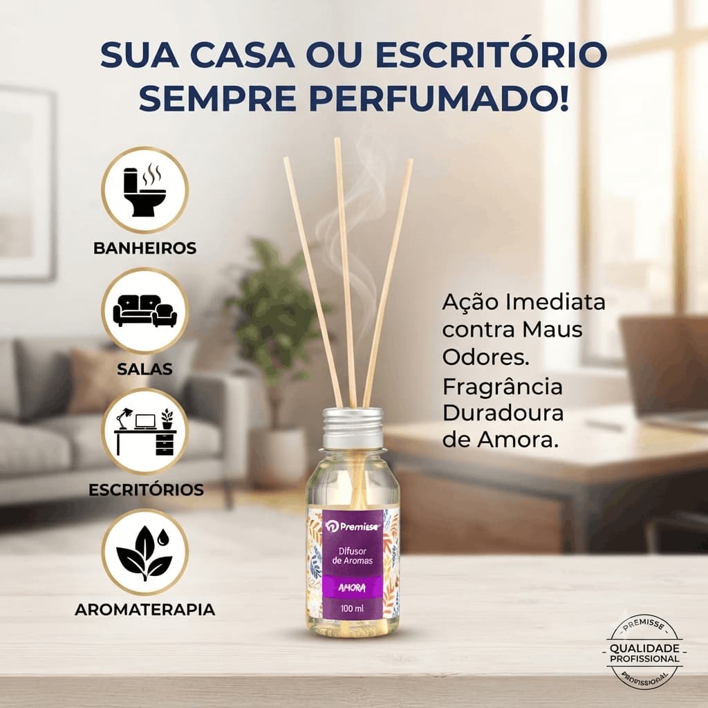 Premisse Difusor de Aromas Amora Essência Banheiro Casa Cheirinho Fresco 100ML Pequeno Vareta