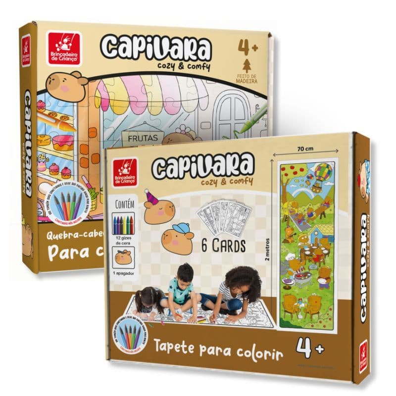 Kit Infantil Capivara Para Colorir Tapete 2 Metros + Quebra-Cabeça Educativo Madeira 30 Peças