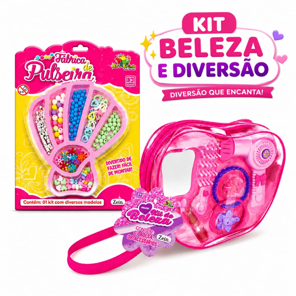 kit Beleza Criança Infantil Brinquedo Faz de Conta + Miçangas Infantil Para Montar Pulseira Criação Artesanal Criativa