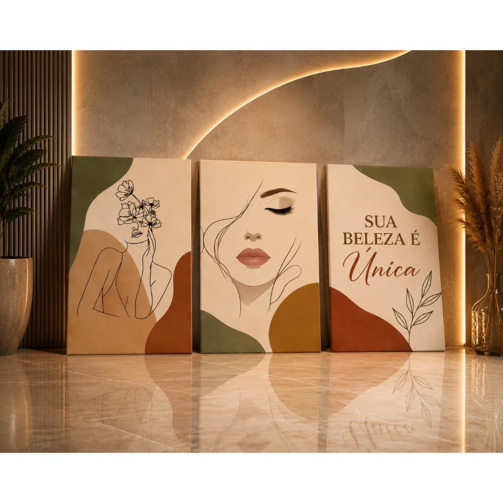 Kit 3 Quadros Decorativos Salão de Beleza Estética Clínica Spa Rosto Feminino Minimalista Moderno