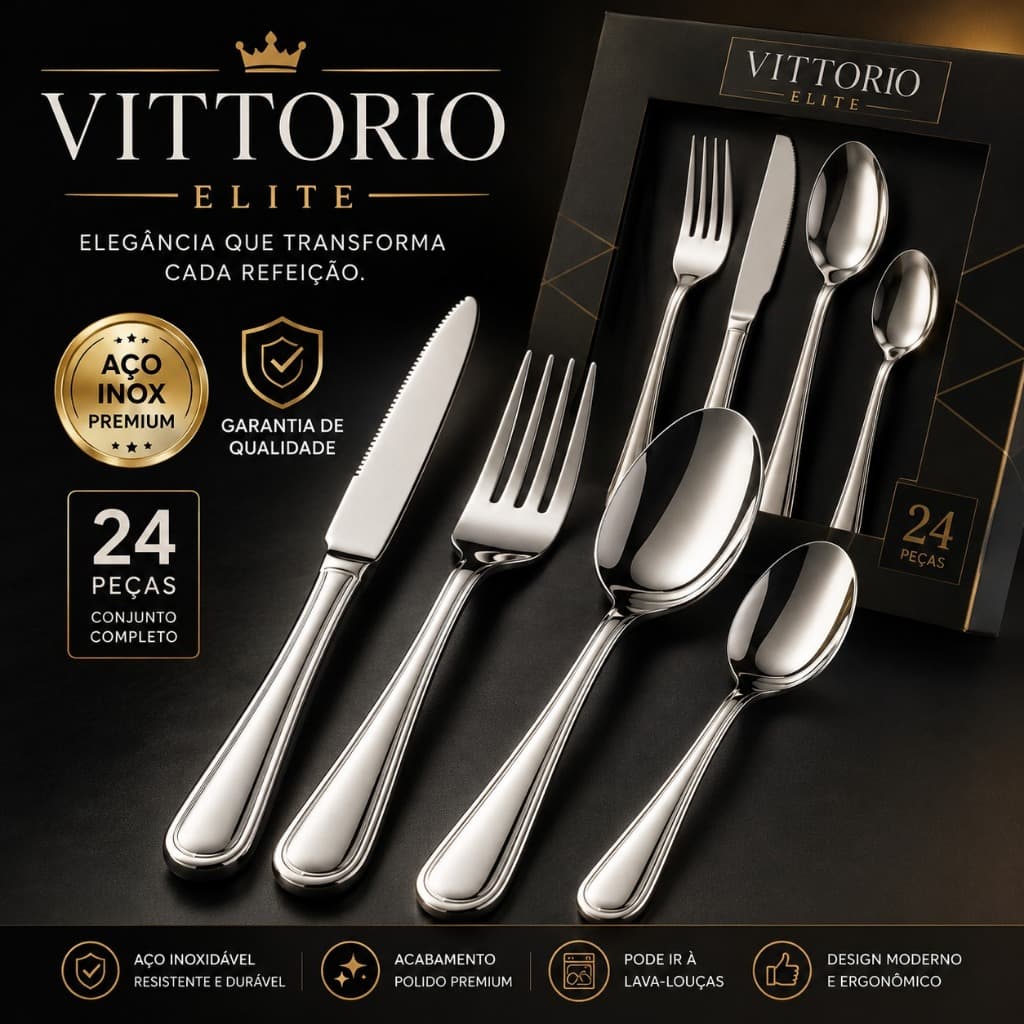 Kit Talheres Inox 24 Peças Aço Inoxidável Premium Faqueiro Completo Design Moderno Lava-Louças Vittorio Elite Faqueiro I