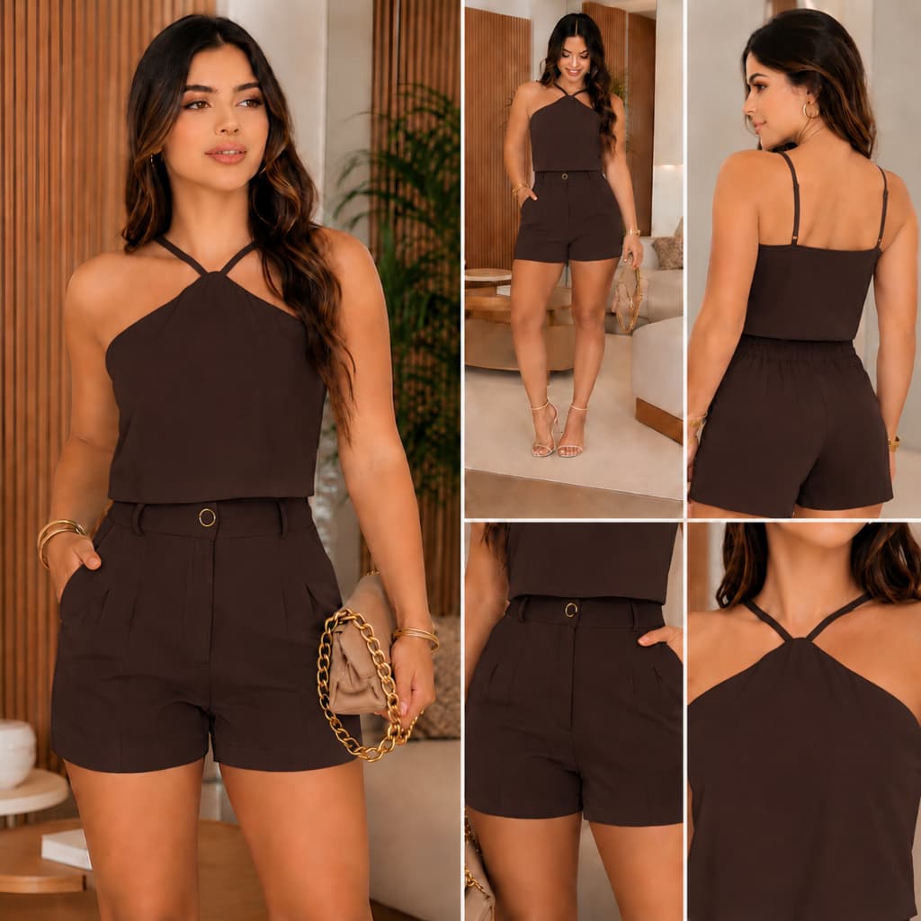 Conjunto Feminino Alfaiataria Social Cropped e Short Cintura Alta Elegante Louis Twill Premium