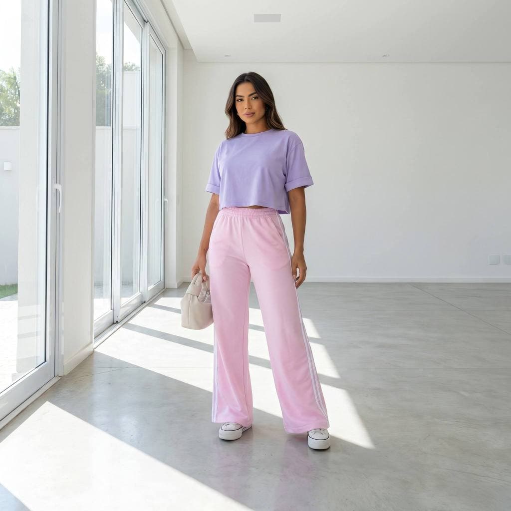 Calça Wide Leg Feminina em Poliéster Track Pants Michelle Conforto e Estilo