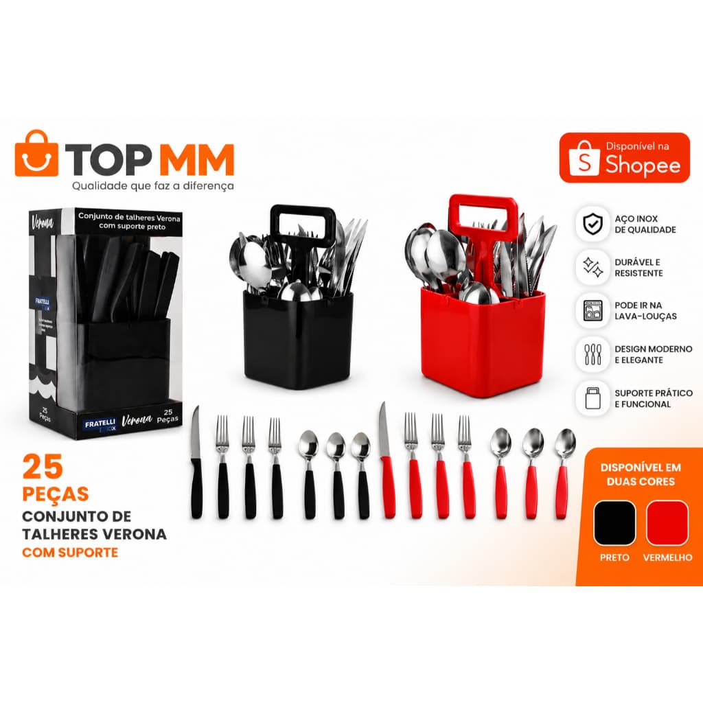 Conjunto Talheres VeronaPrime™ 25 Peças com Suporte Vermelho e Preto