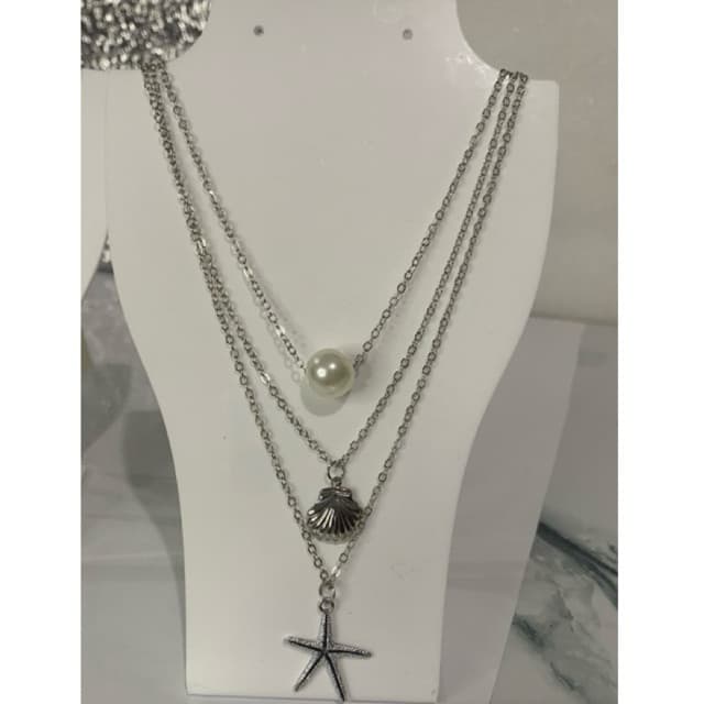 Colar Triplo Feminino Concha Pérola e Estrela do Mar Prata Ajustável Bijuteria Delicada