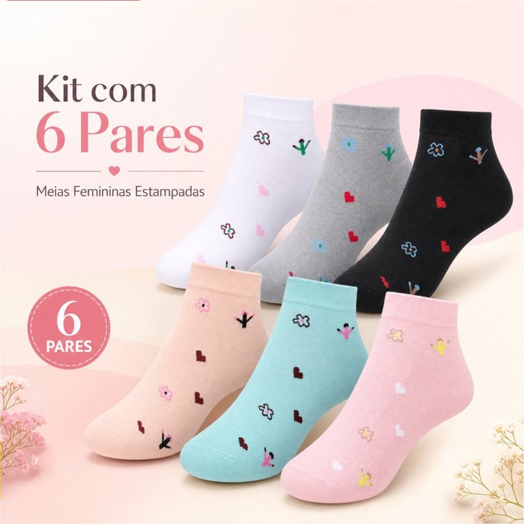 Kit 6 Meias Femininas Cano Curto Flor Coração EU36-41 Tecido Misto Transpirável