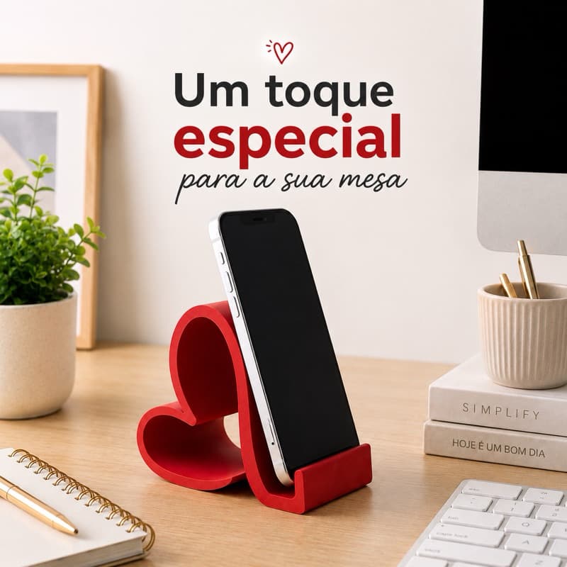Suporte de celular de coração casa organizada, escritório, mesa trabalho descanso para celular, moderno