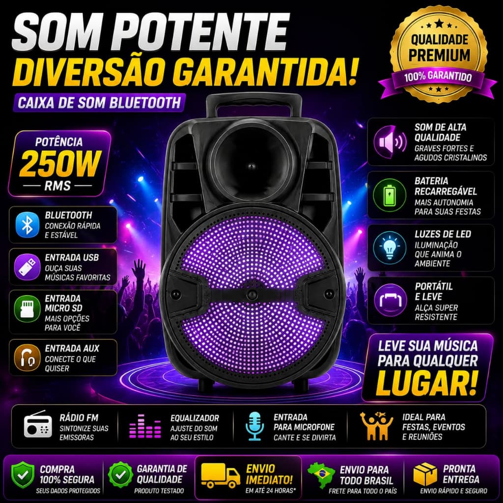 Caixa de Som Bluetooth 3000 PMPO com Microfone
