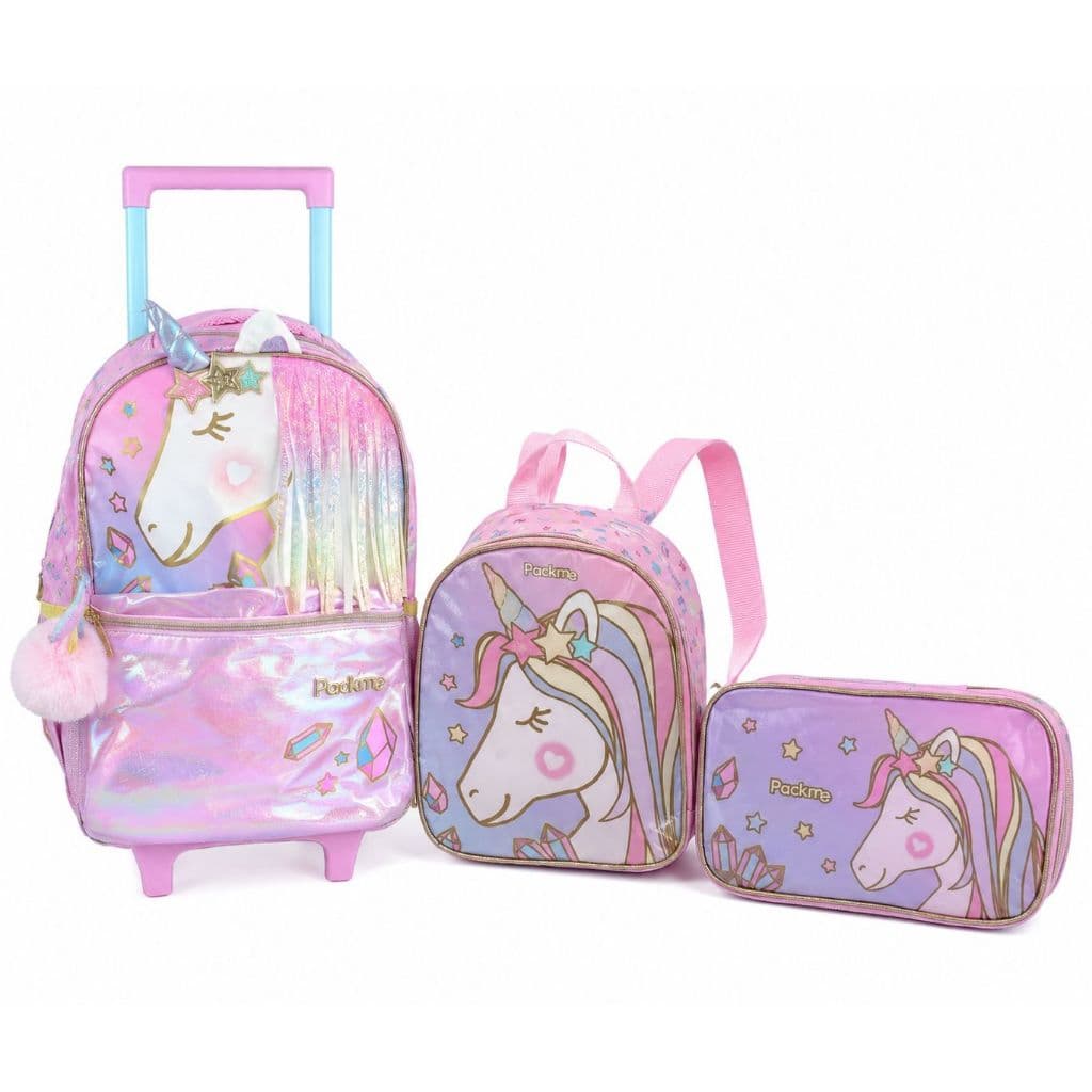 Kit Escolar Packme Unicórnio Mochila de Rodinha com Alças + Lancheira + Estojo Box