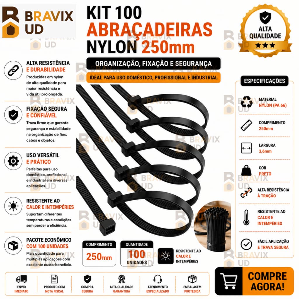 Kit 100 Cintas Plásticas Abraçadeira Nylon 250MM Enforca Gato Preto
