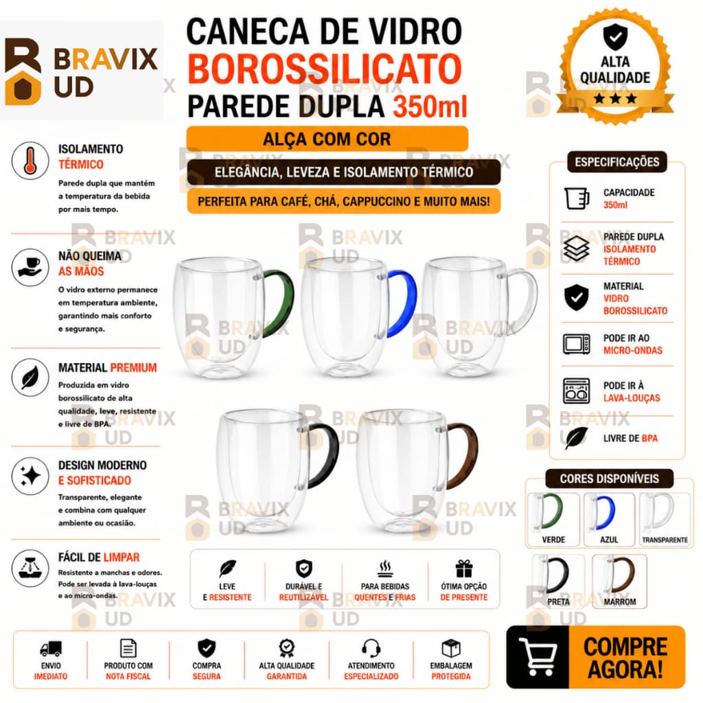 Caneca de Vidro Borossilicato Alça de Cor Com Parede Dupla Com Capacidade de até 350ml