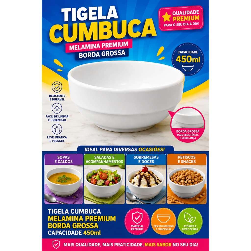 Tigela Cumbuca Bowl Borda Grossa Melamina Premium Para Servir Caldos, Sopa, Refeições, Sorvete Açaí
