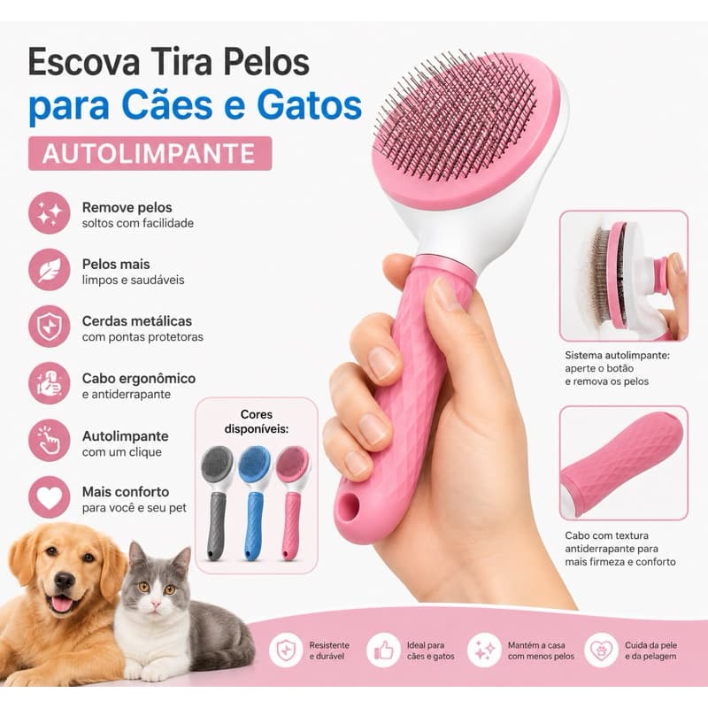 🐶🐱 Nova Escova Rasqueadeira Profissional Autolimpante para Cães e Gatos | Remove Pelos com Apenas 1 Clique