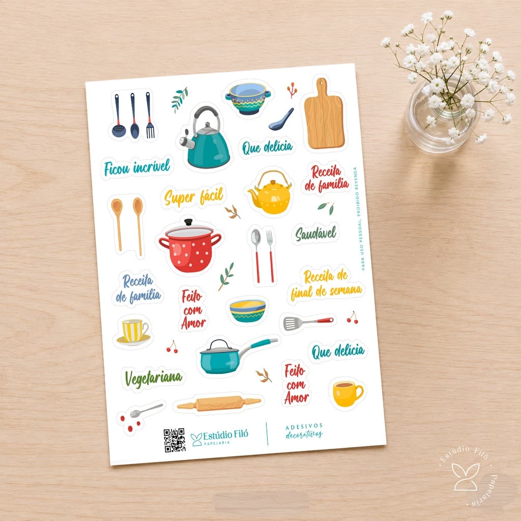 Cartela de Adesivos culinaria decorativo para Agenda, Scrapbook, Planner, caderno de receitas