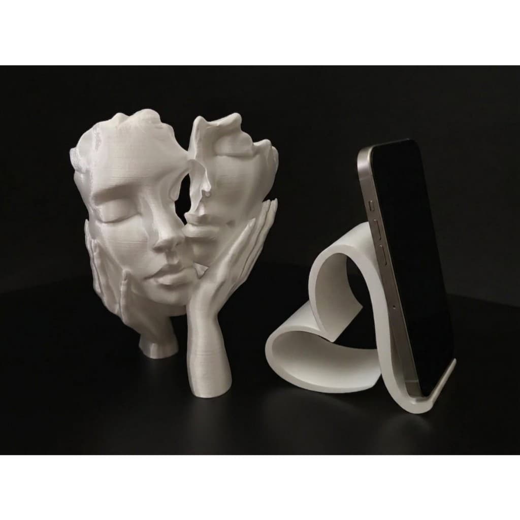 Kit Decoração Escultura Face Dupla Minimalista e Suporte de Celular Coração | Decoração Moderna para Sala e Escritório