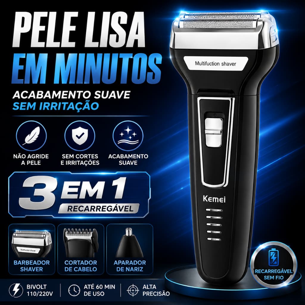 Barbeador Elétrico Kemei 3 em 1 Recarregável Bivolt Aparador de Barba Cabelo e Pelos do Nariz
