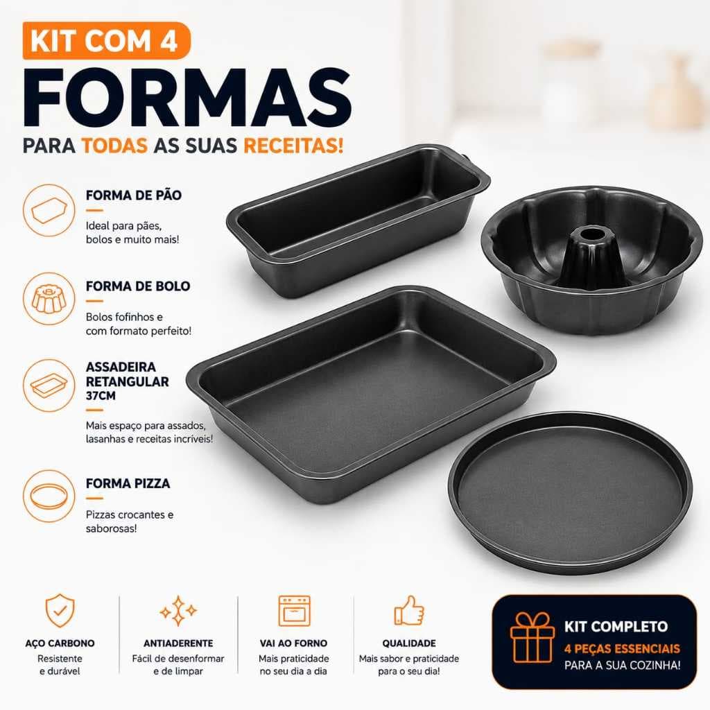 Kit 4 Pecas Forma Pizza Grande + Assadeira  37 Cm + Forma Redonda Com Furo Meio Bolos + Assadeira Para Pão