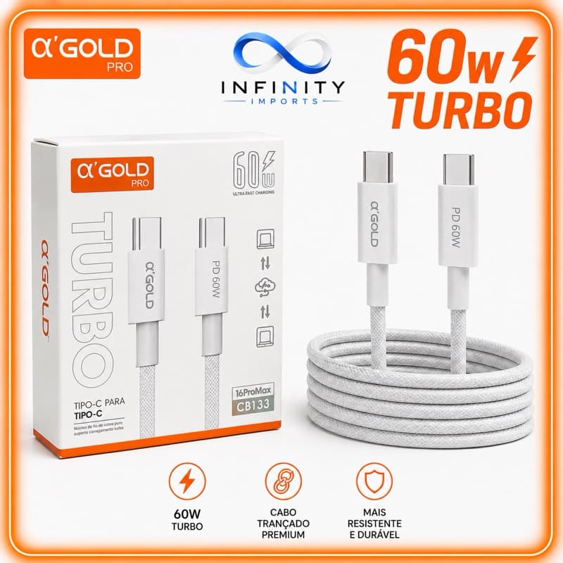 Cabo Tipo C- Tipo C Turbo 60W Carregamento super rápido original A’Gold Cabo PD Tipo c