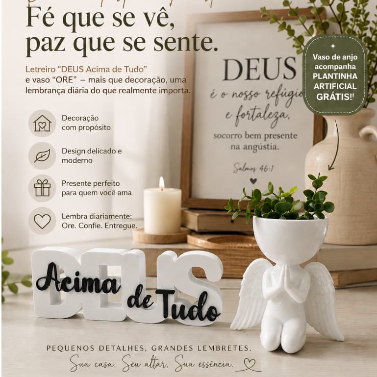 Letreiro Deus Acima de Tudo + Vaso Anjinho Decorativo com Planta Artificial | Decoração Cristã | Presente Religioso