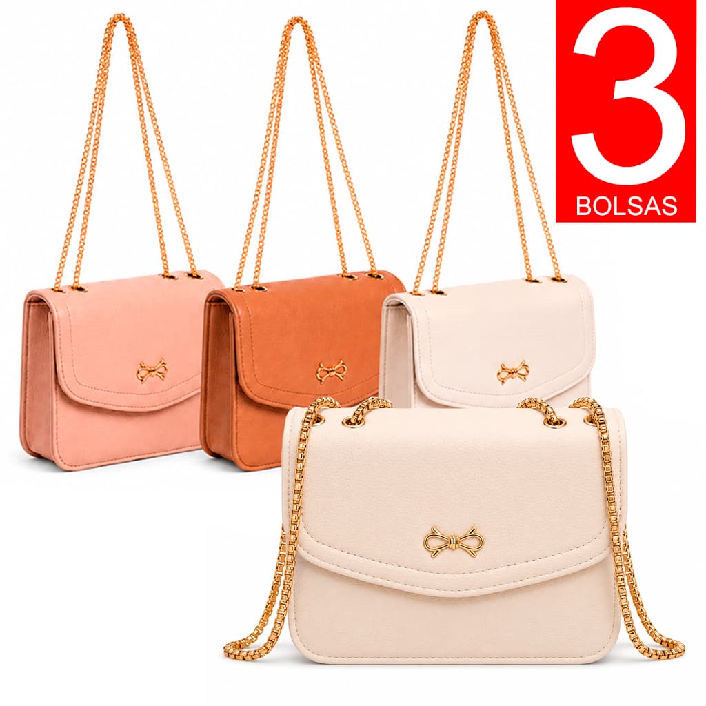 Bolsa Couro Kit 3 Peças Transversal Feminina Elegante Bolsas Corrente Ombro Dourada Casual