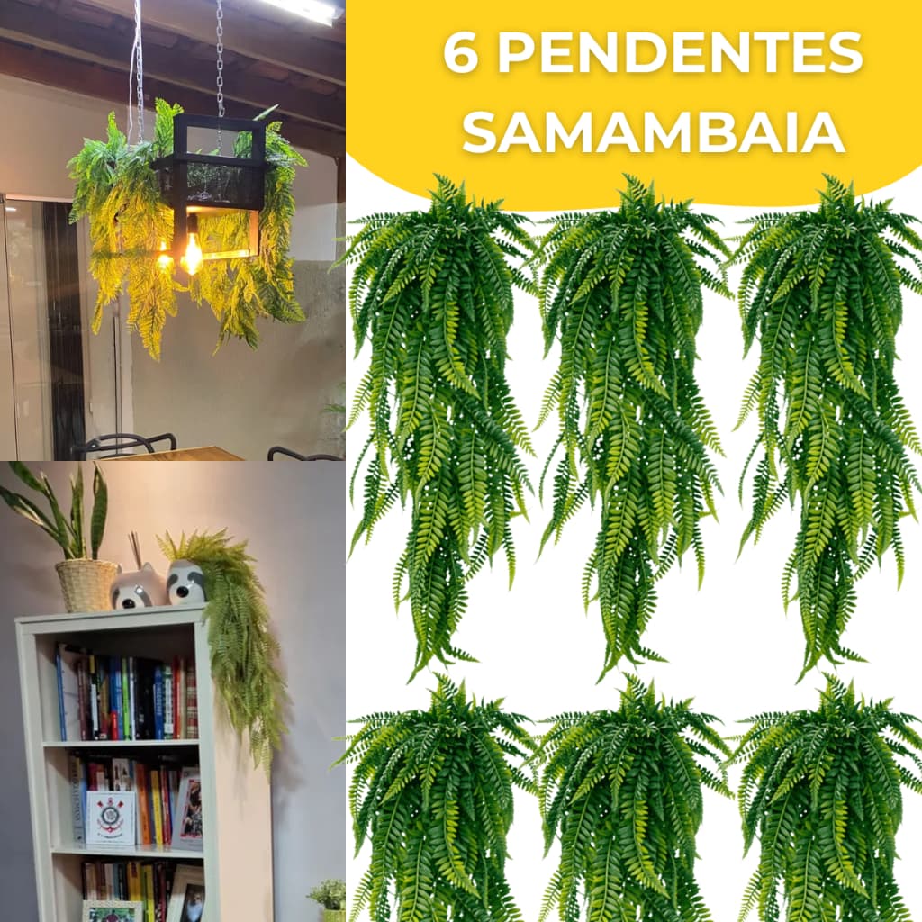 Kit 6 Pendente Samambaia Artificial 80cm Realista Planta Decoração Parede Flor Folhagem