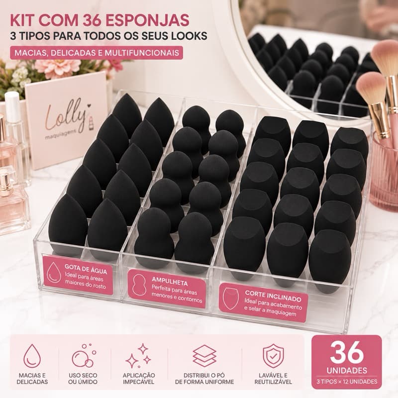 Kit 36 Esponjas de Maquiagem Pretas Gota Ampulheta Corte Inclinado para Base Corretivo e Pó